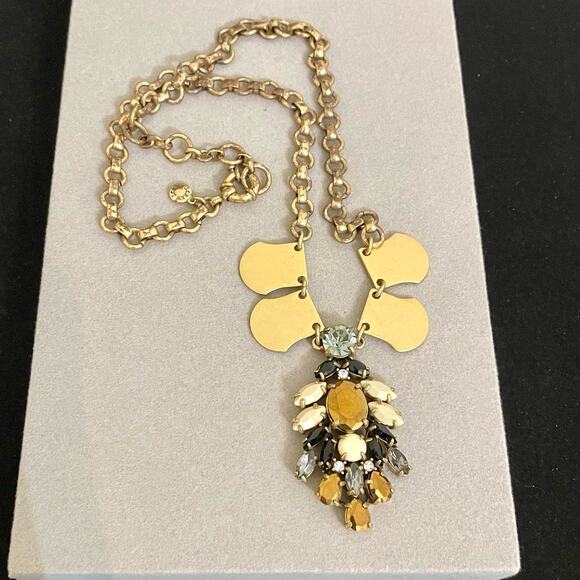J. Crew Gold Tone Multicolor Earth Tones Rhinestone Pendant Necklace - Picture 3 of 4